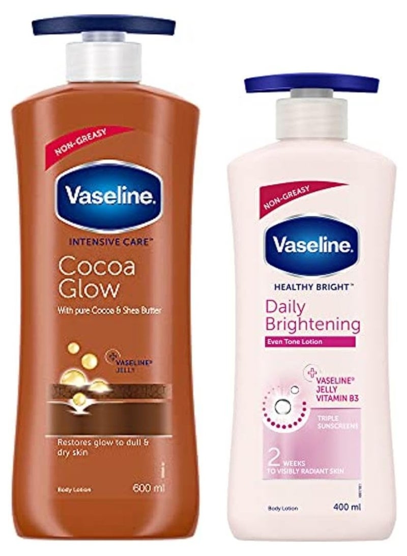 Vaseline Intensive Care 24 hr nourishing Cocoa Glow Body Lotion with Cocoa And Shea Butter- 600 ml & Vaseline Healthy Bright Daily Brightening Body Lotion, For Healthy & Glowing Skin, 400 ml - Image 1